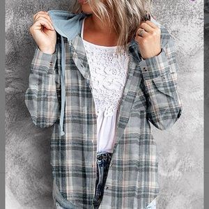 Blue & Sage Plaid Hooded Shacket